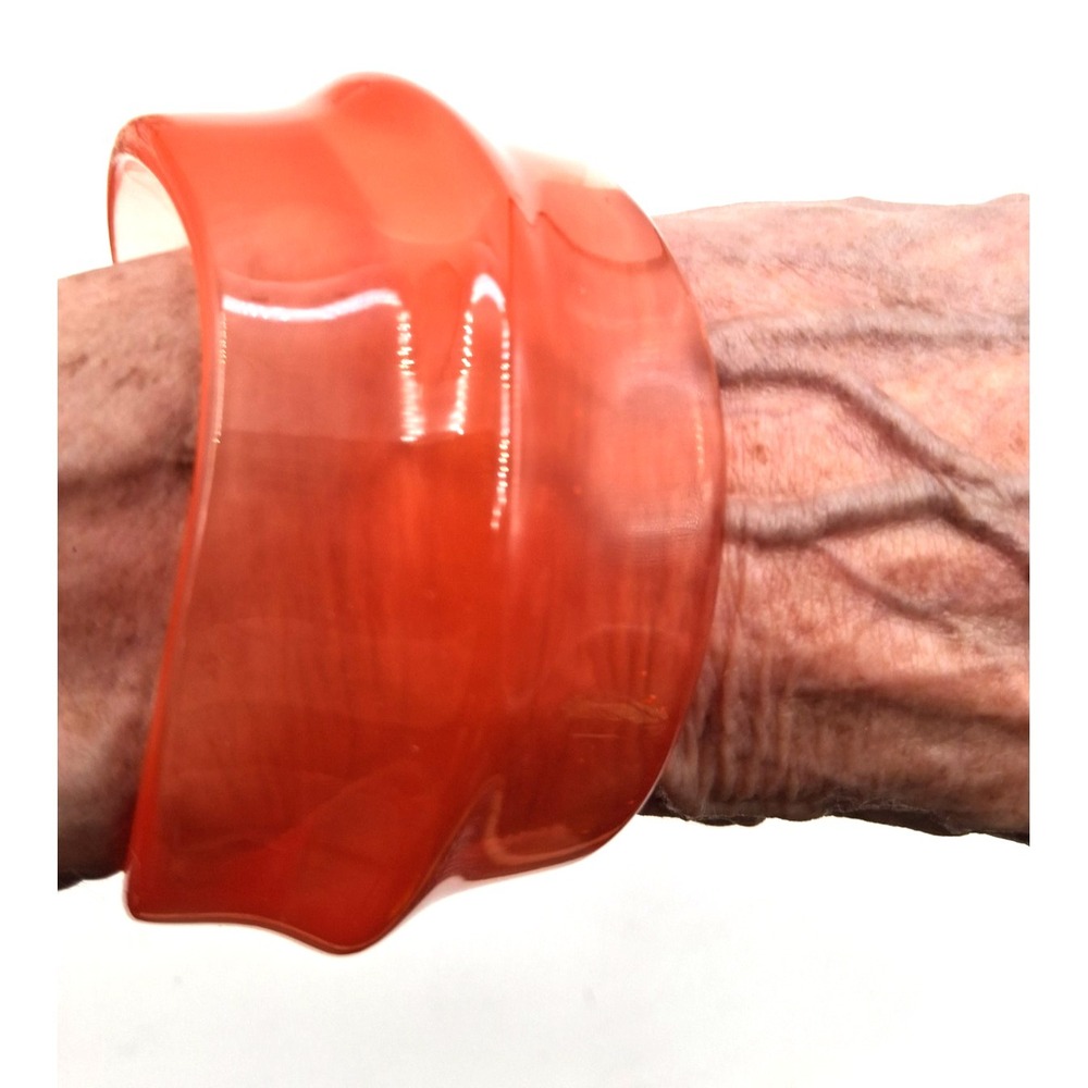 Vintage Sculptural Peach Orange Acrylic Wide Bangle Bracelet Translucent Lucite